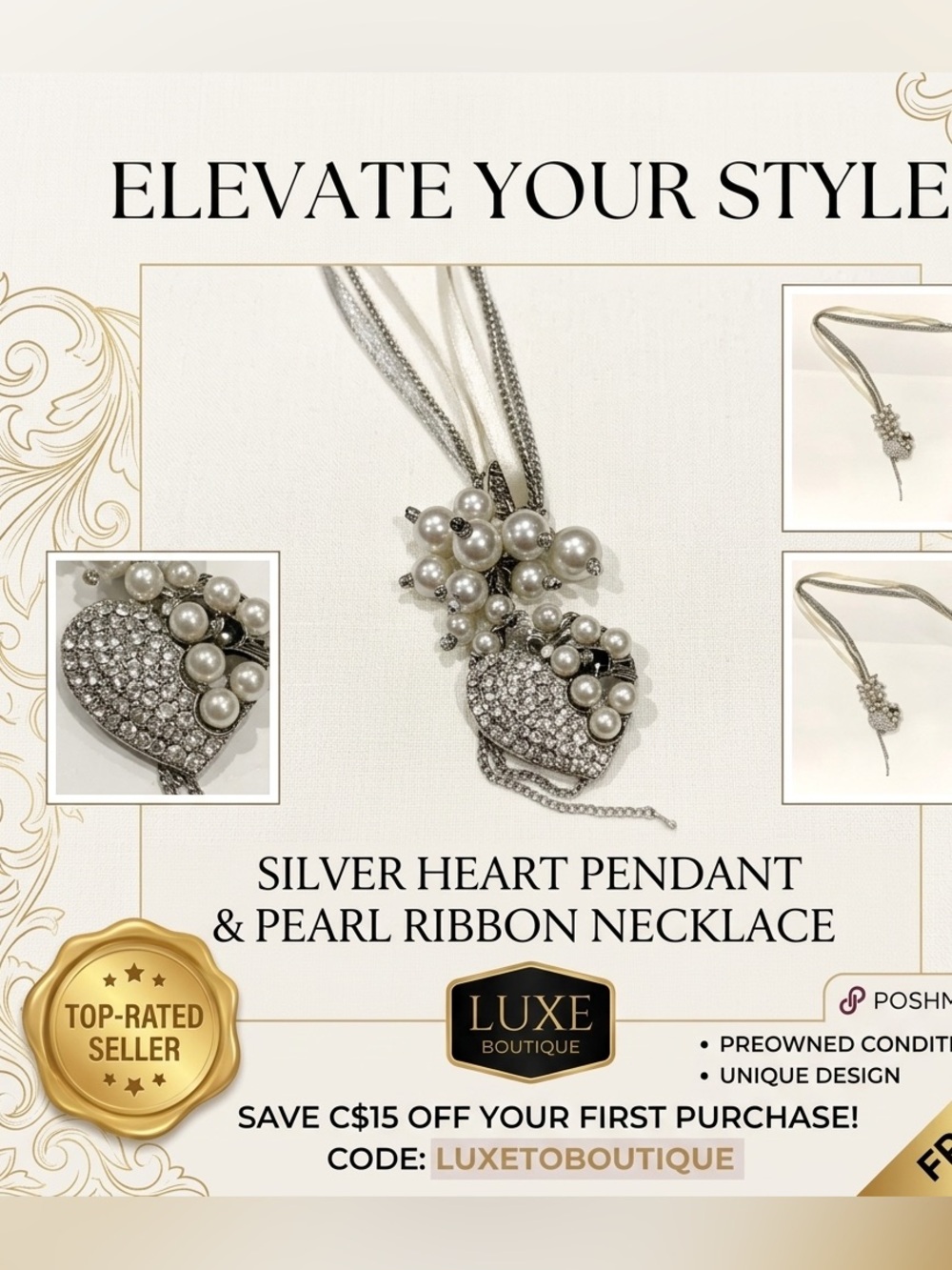 Silver heart stones pendant necklace with ribbon